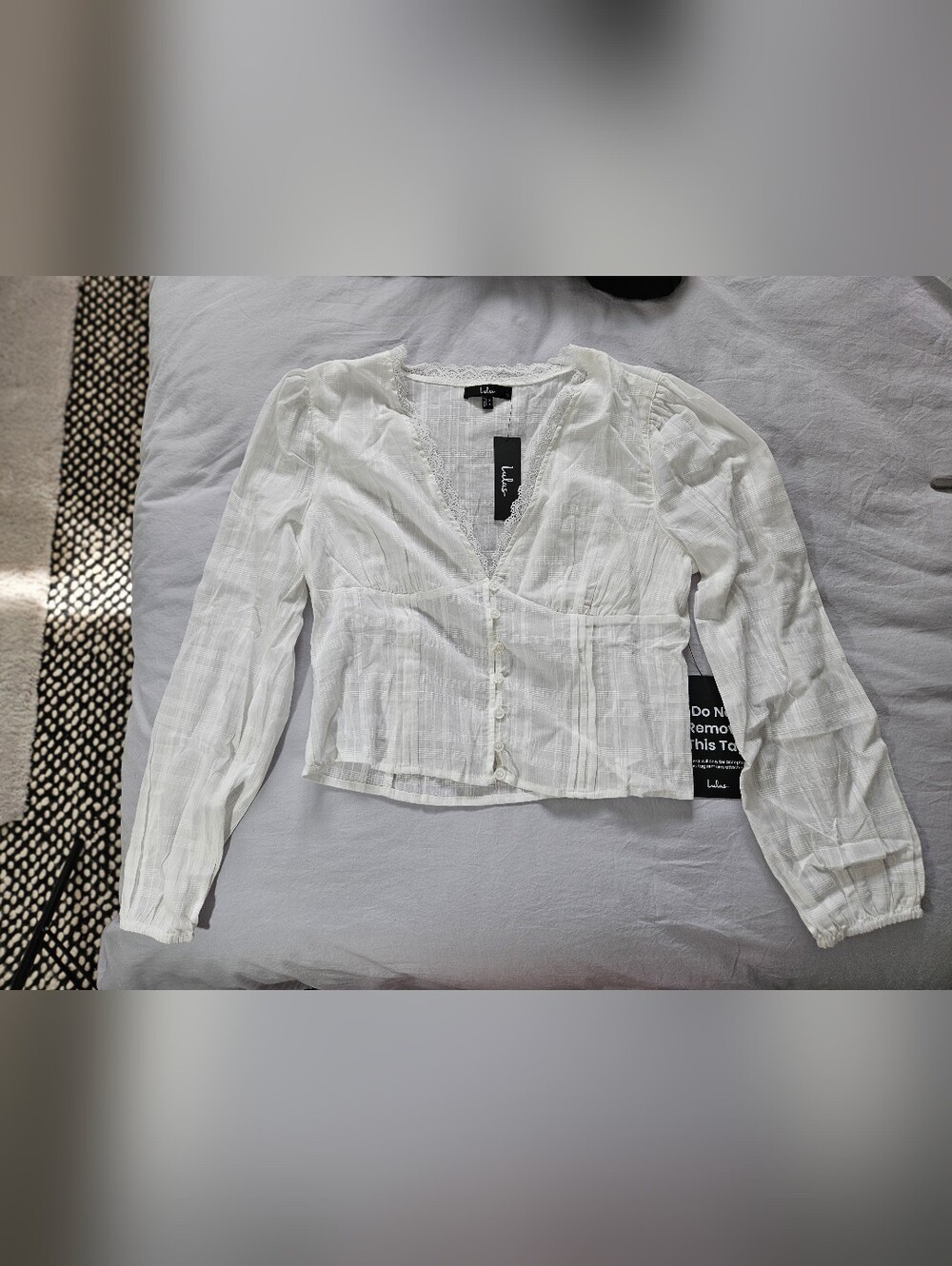 NWT Lulus Keyra Ivory Button-Front Balloon Sleeve Crop Top in white sz XL - Picture 7 of 8